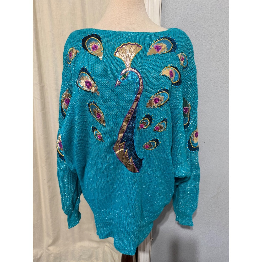 Vintage 80s Bonnie Boerer Peacock Metallic Knit Sweater SZ L Turquoise Hong Kong